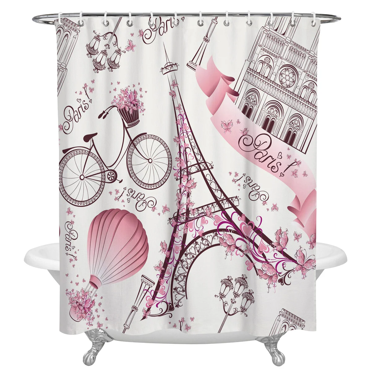 Paris Eiffel Tower Bicycle Flowers Waterproof Bathroom Decoration Shower Curtain With Hook Bathtub Curtains Bathroom Accessories