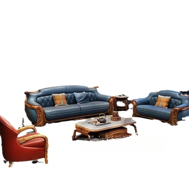 New Chinese ebony leather sofa, simple living room luxury cowhide