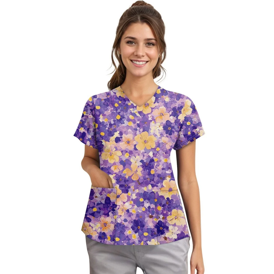 V-Neck Pocket Cartoon Animal Print Care Workers T-Shirt Tops Clinic Working Clothing Women Short Sleeve Scrub Tops Nurse Uniform