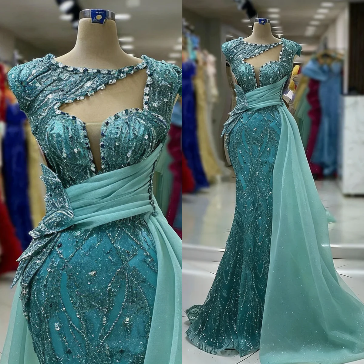 

Luxurious Crystals Mermaid Prom Gowns O Neck Sleeveless Evening Dresses Beaded Floor Length Celebrity Party Customized