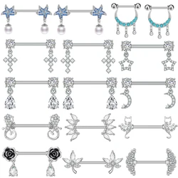 2pcs Cross Star Zircon Dangled Shield Bar Nipple Rings for Women 14G Surgical Steel Cute Cat Lizard Maple Leaves Nipple Piercing