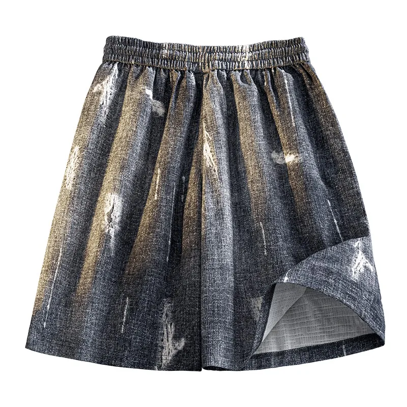 Chinese Trend Denim Blue Wide Leg Shorts Washed Printed Vintage Elastic Waist Casual Five Points Pants