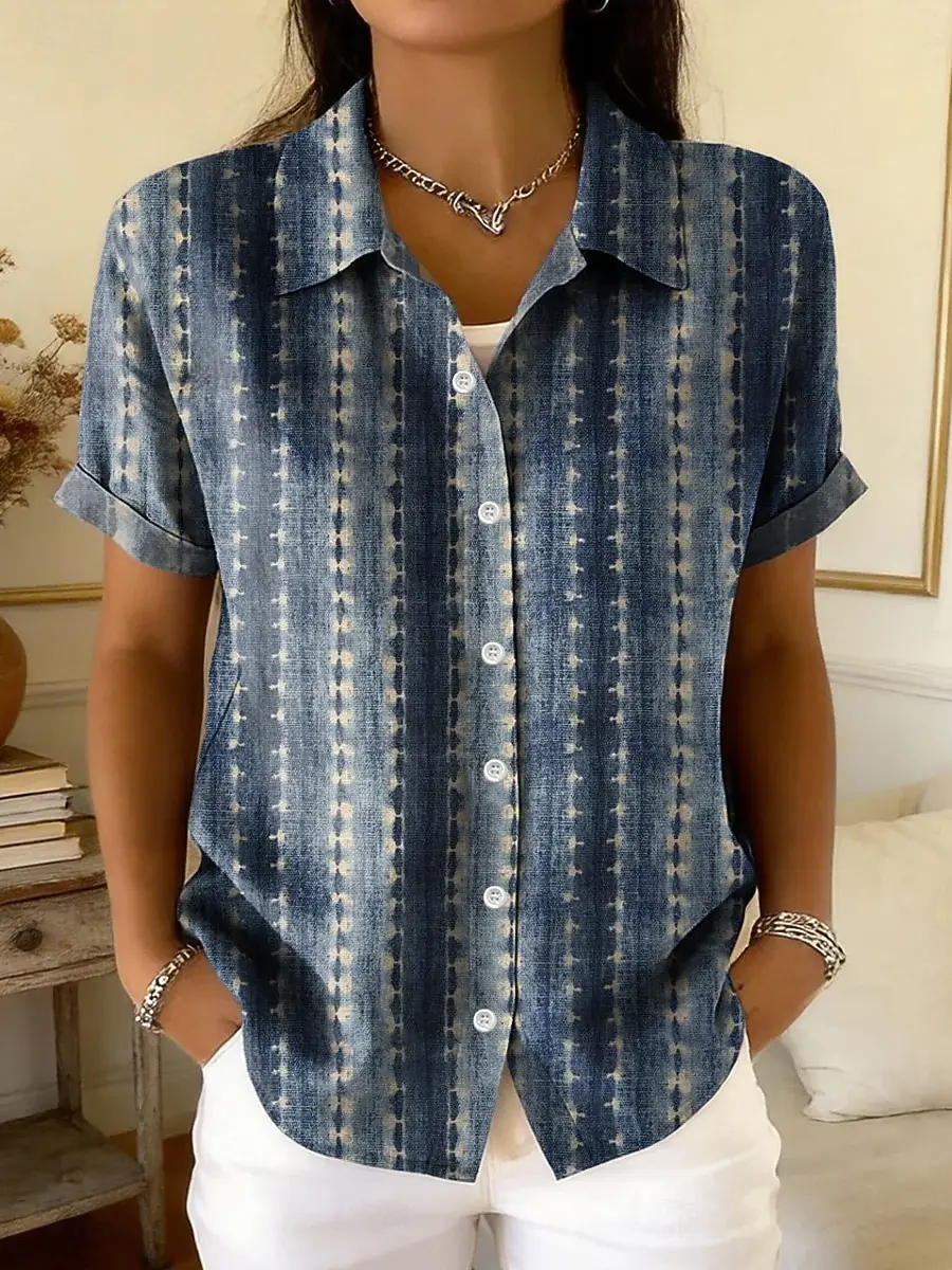 

Women's Tie Dye Graphic Print Button Short Sleeve Shirt Collar Tops, Casual Stylish Daily Wear, Blue Green for Spring & Summer