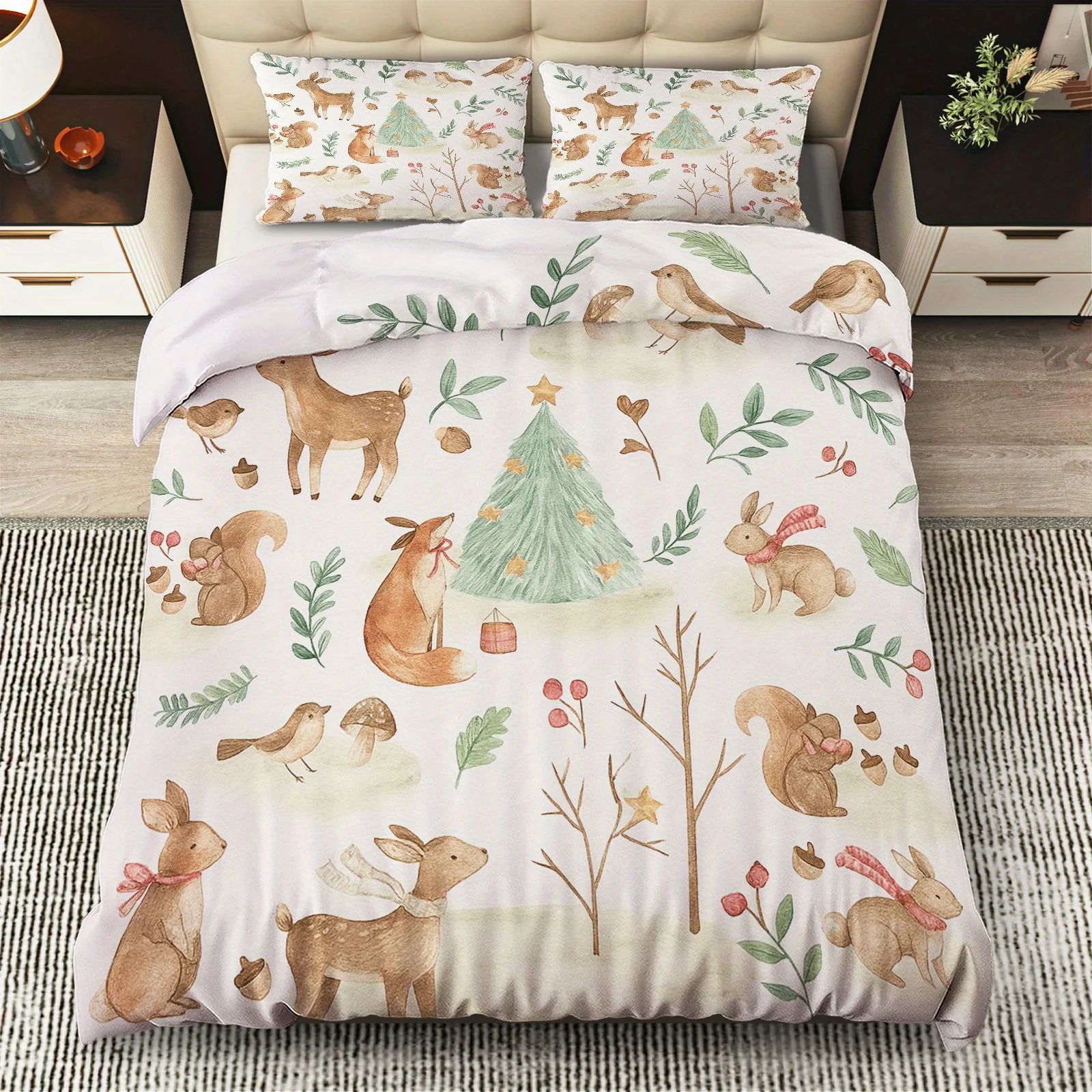 Soft Duvet Cover Set of Three, 2D Flat Printed Duvet Cover Set, Forest Animal Holiday Nature Leaf Theme Duvet Cover Bedding Set, Suitable for All Seasons, Machine Washable, Invisible Zipper, Large Duvet Cover Set, Bedding Set, Quilt Cover