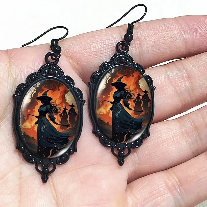 Gothic Mystery Witch Cameo Earrings,Vintage Crystal Glass Witch Dangle Earrings Punk Style Mystery Earrings Goth Victorian