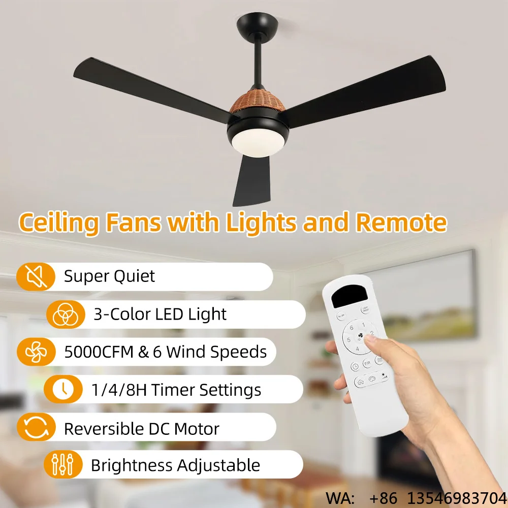 KBS 52 Inch Rattan Modern Fan Light Indoor DC Motor Tuya Smart Remote Control DC Motor Ceiling Fan With Light