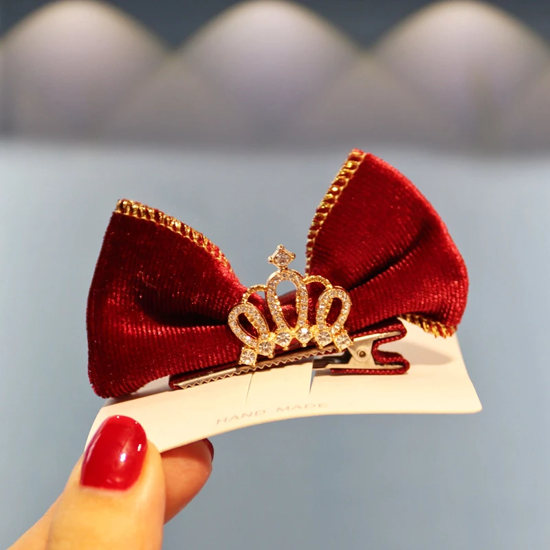 Red Phnom penh velvet Princess Small Crown Hairpin Children's stereo bow hairpin girl's hair accessory Girl's headpiece