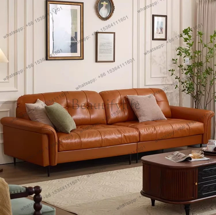 Leather living room light luxury black sofa first layer cowhide straight row antique sofa