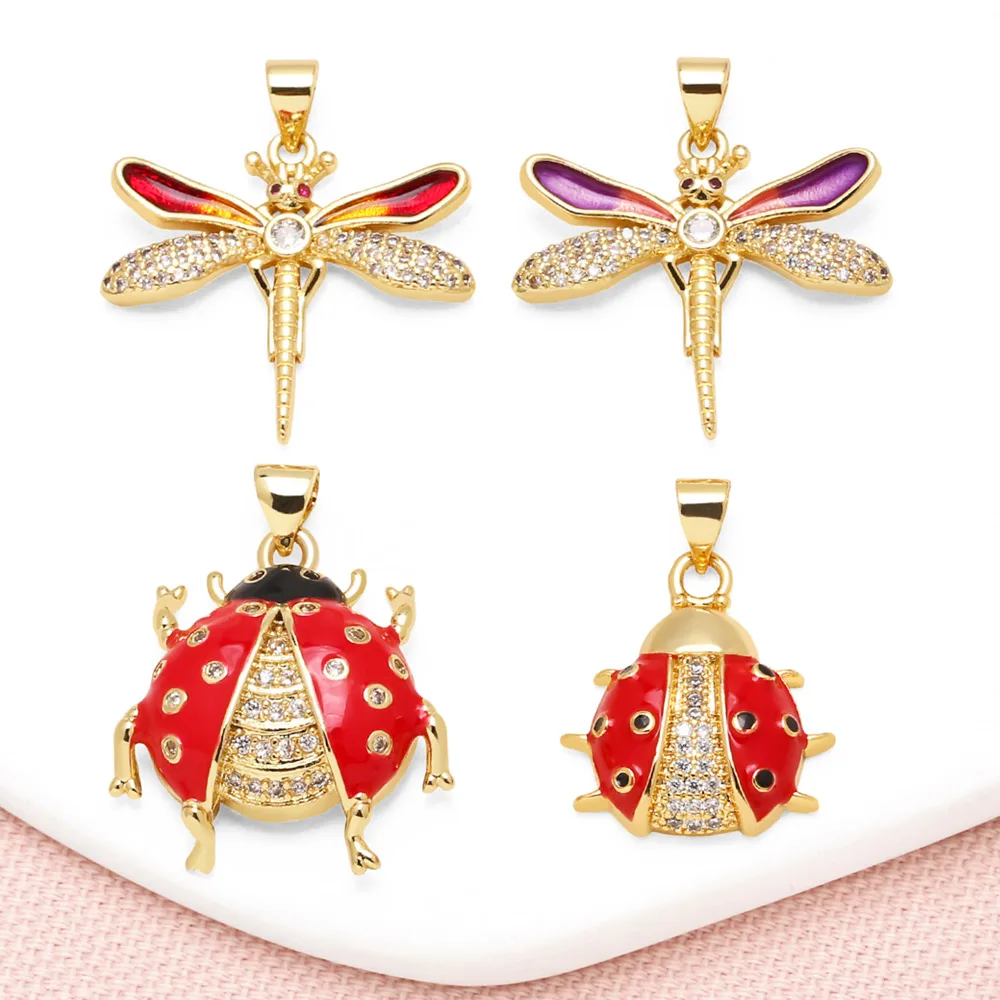 OCESRIO Trendy Red Enamel Ladybug Pendant for Necklace Copper Gold Plated Dragonfly Handmade Jewelry Making Component pdta199
