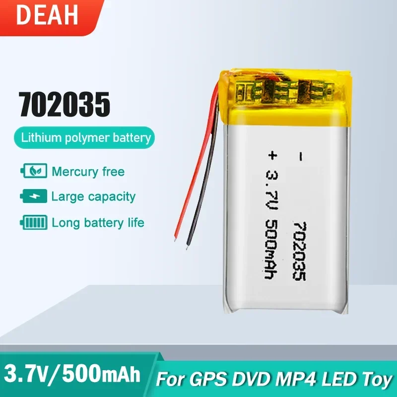 1-2PCS 702035 3.7V 500mAh Lithium Polymer Rechargeable Battery For MP3 MP4 DVD LED Lamp GPS Tracker Power Bank Camera Li-Po Cell