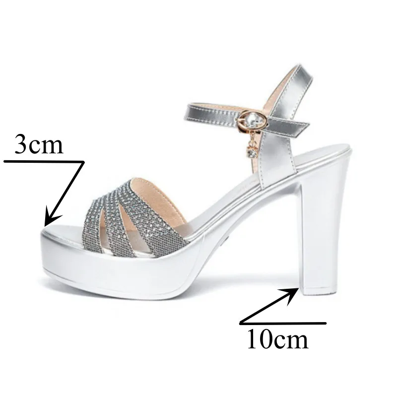 Small Size 32-43 Rhinestone Silver Gold Wedding Shoes Women Platform Summer 2022 Block High Heels Sandals for Office Model