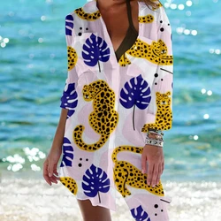 Summer new 3D leaf print shirt dress Hawaii beach sexy shirt jacket long sleeved women's long skirt Vestido Mujer Traf