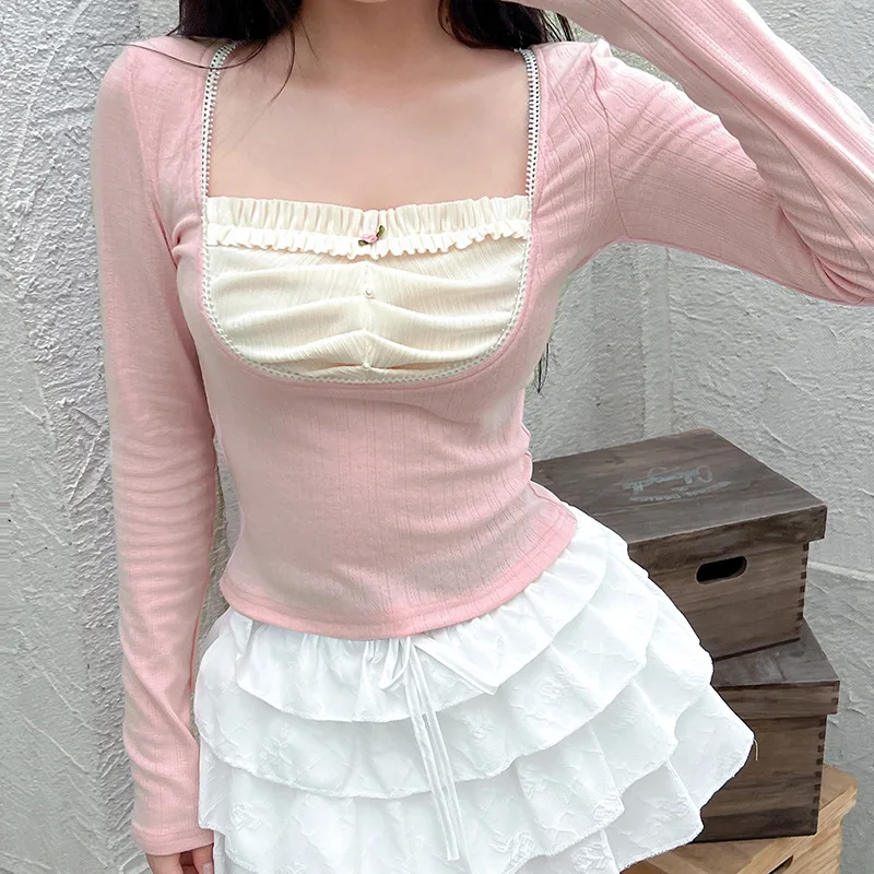 European And American Cross-Border Ruffle Collar Slim Fit Short Top with Color Block Long Sleeves And Waist-Cinching for Trendy