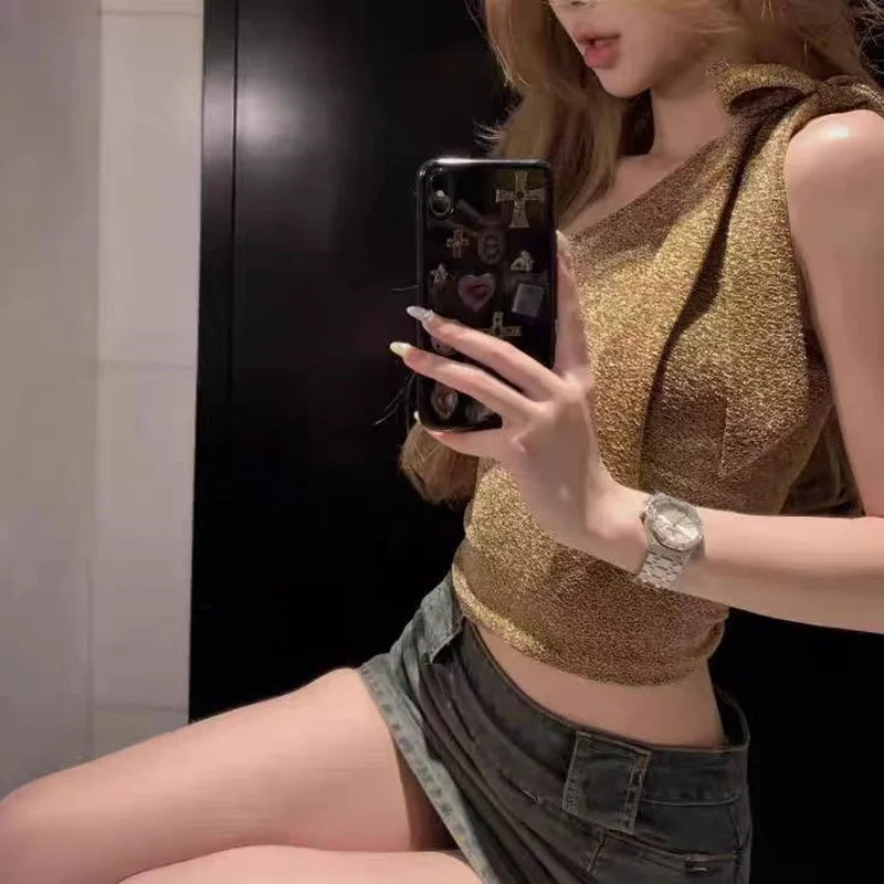 Women Crop Camisole Solid One-shoulder Crop Tops Summer Ruched Cotton Backless Tank Tops Sleeveless Vest Streetwear Clubwear
