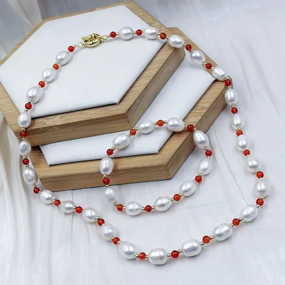 4mm 9-11mm Red Aagte Natural Freshwater Elastic Bracelet Pearl Necklace Woman Jewelry Set 45cm 19cm