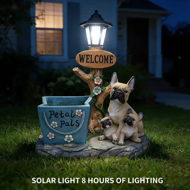 Solar Powered French Bulldog Statue Resin Garden Flower Pot Outdoor Lawn Decoration Welcome Home Yard Ornament Light Up