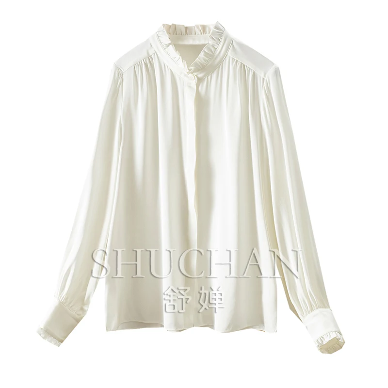 Edible Tree Fungus 2025  Stand-up Collar Natural Silk Long-sleeved Shirt Women  White Shirt Women  Bluson Mujer De Moda