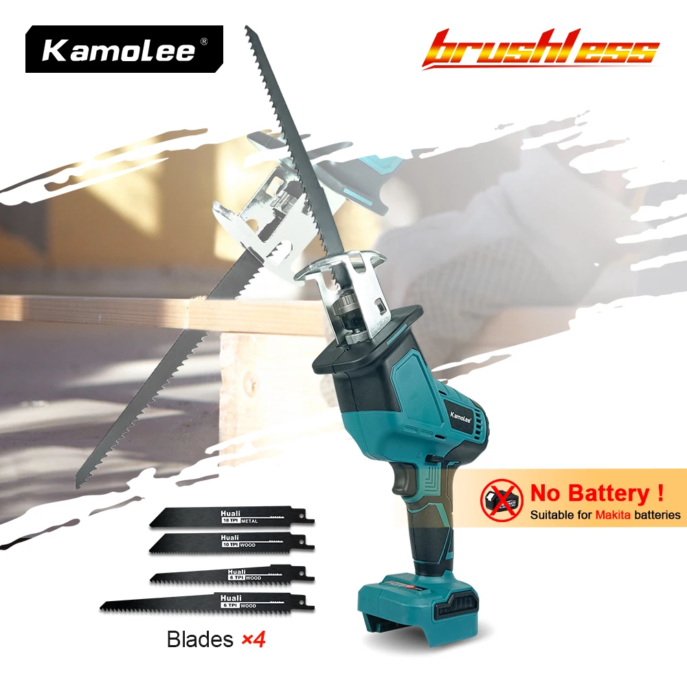 Kamolee 3600W 12000SPM Brushless Cordless Electric Reciprocating Saw Variable Speed Metal Wood Cutter Tool For Makita 18V Batter