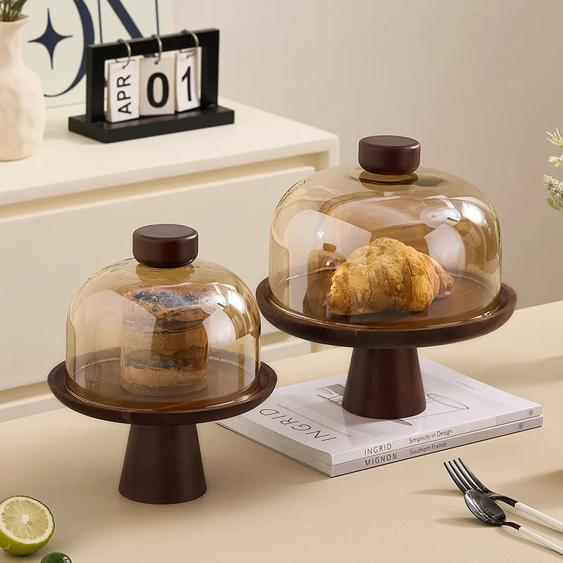 Retro Sisal Wood High Leg Cake Plate Glass Cover Wedding Dessert Table Display Stand Elegant Afternoon Tea Pastries Tray
