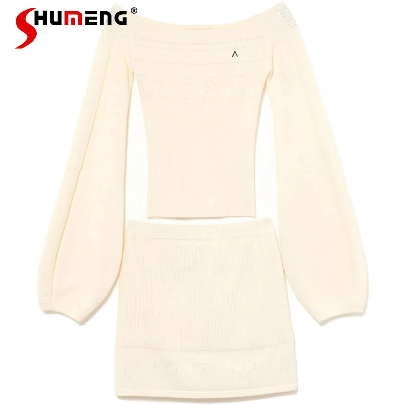 

Summer Autumn Japanese Style 2pcs Set Beige Off-Shoulder Knitted Top And Skirt Set Lolita Sweet Cute Long Sleeves Sweater Outfit