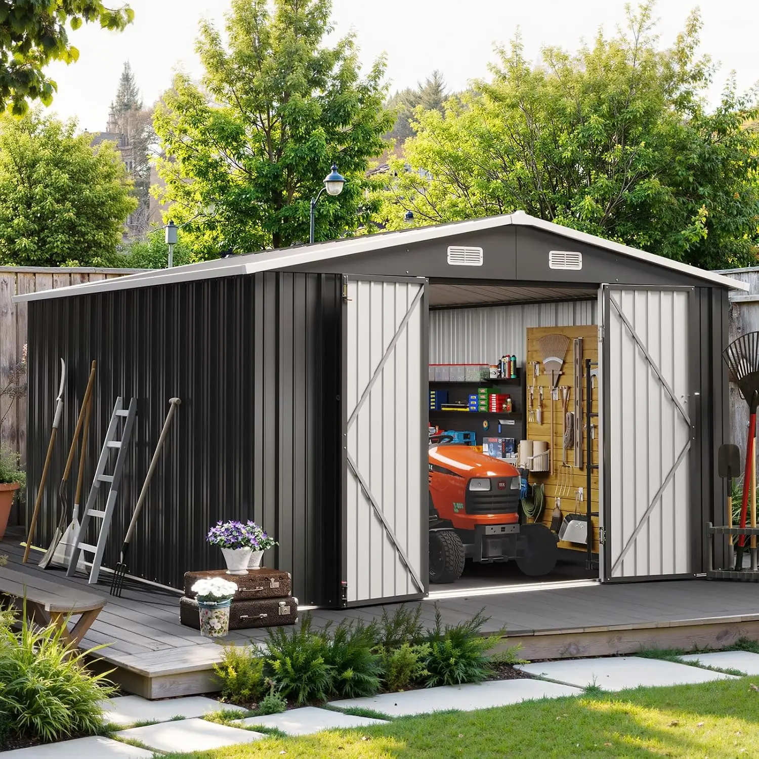 10x12FT Outdoor Metal Storage Shed with Sloping Roof & Lockable Door for Garden Patio Backyard, Customized
