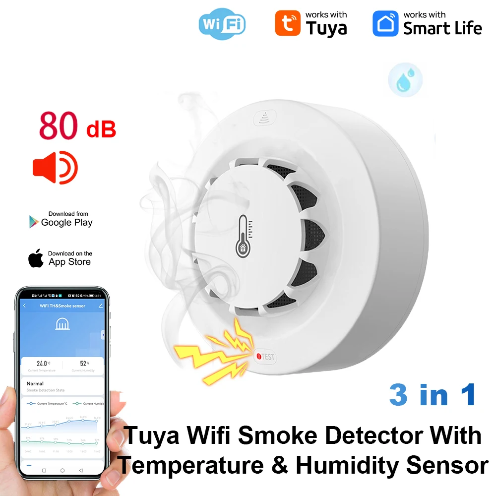 Tuya WiFi Temperature and Humidity Sensor Smoke Detector Protection Alarm Smoke House Combination Firefighters