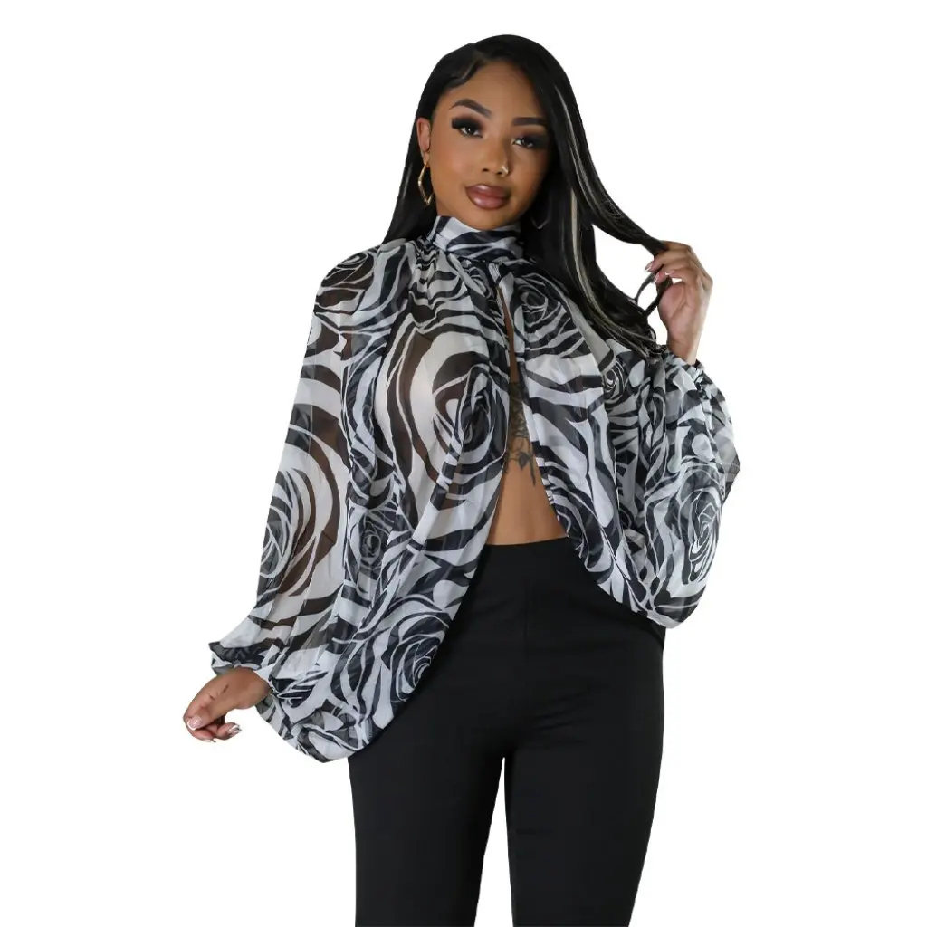 

Women's Lace-Up Printed Chiffon Shirt K10512 Special Batwing Sleeve Top for European And American Markets