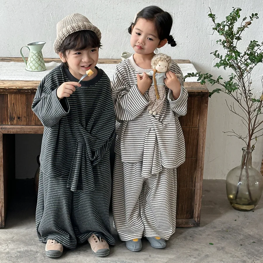 

2025 New Kids Set Fall Stripe Tops & Straight Leg Pants for Boys Girls Sweatshirt with Elastic Waist Trousers 2-Piece Outfit