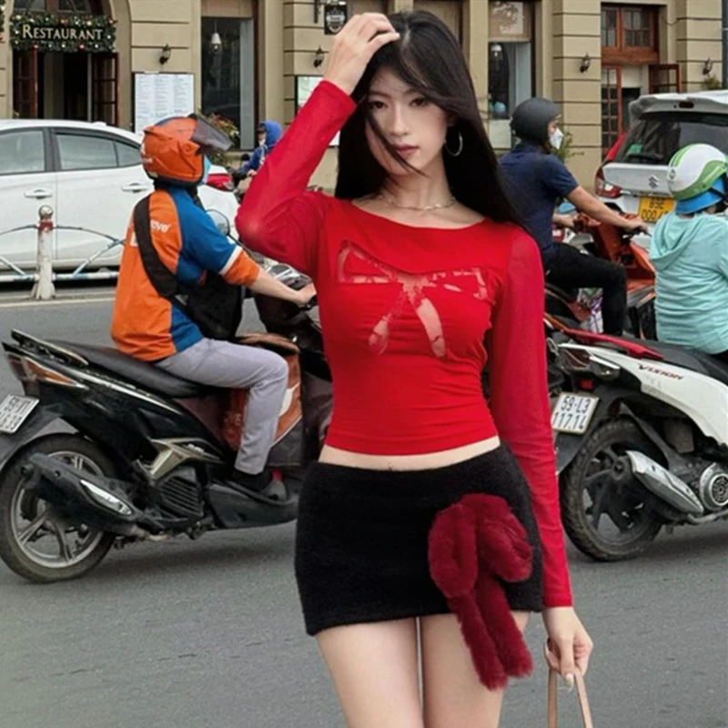 WhereMery Y2K Mesh hollow Bow Slim Crop Top Summer High Street Red Long Sleeve T-Skirt Women Sexy Night Club Party Tee