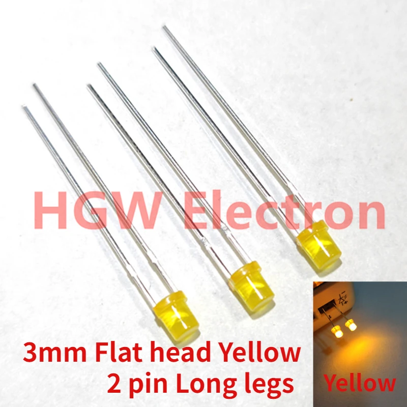 100pcs 3mm Flat head Yellow LED light-emitting diodes F3 cylindrical Flat head colloid Yellow Indicator light LED 2pin Long legs