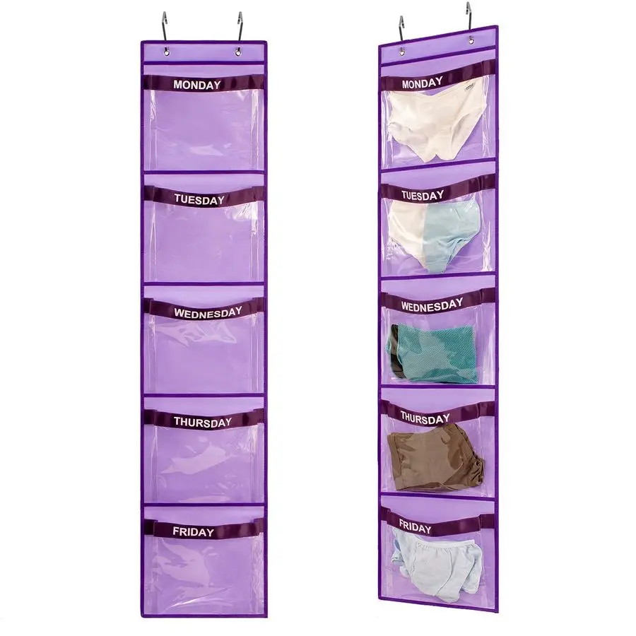 

Набор из 2 органайзеров для одежды на каждый день недели (от понедельника до пятницы), для школьной формы, для детей, еженедельный подвесной органайзер для шкафа, фиолетовый
