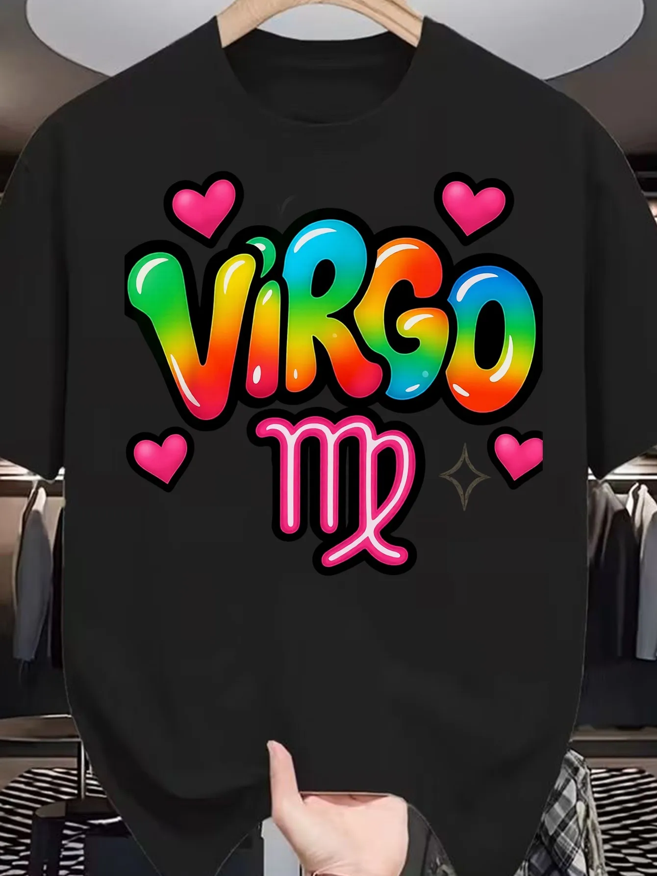 Black T-Shirt with Vibrant Colorful Zodiac Design, Suitable for Virgo, Round Neck Short Sleeves, Suitable for All Seasons and Casual Wear, Unisex Style, 2026 Edition, Plus Size