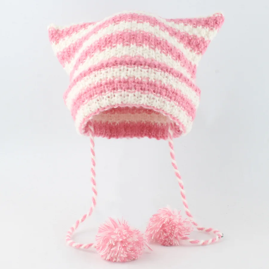 Japanese Y2K Cute Black White Striped Cat Ears Wool Hat Women Autumn Winter Warm Little Devil Hanging Ball Knitted Beanie Hat