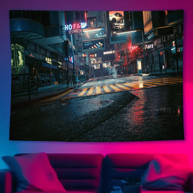 Neon-Lit Cyberpunk Cityscape Tapestry for a Futuristic and Vibrant Home Decor