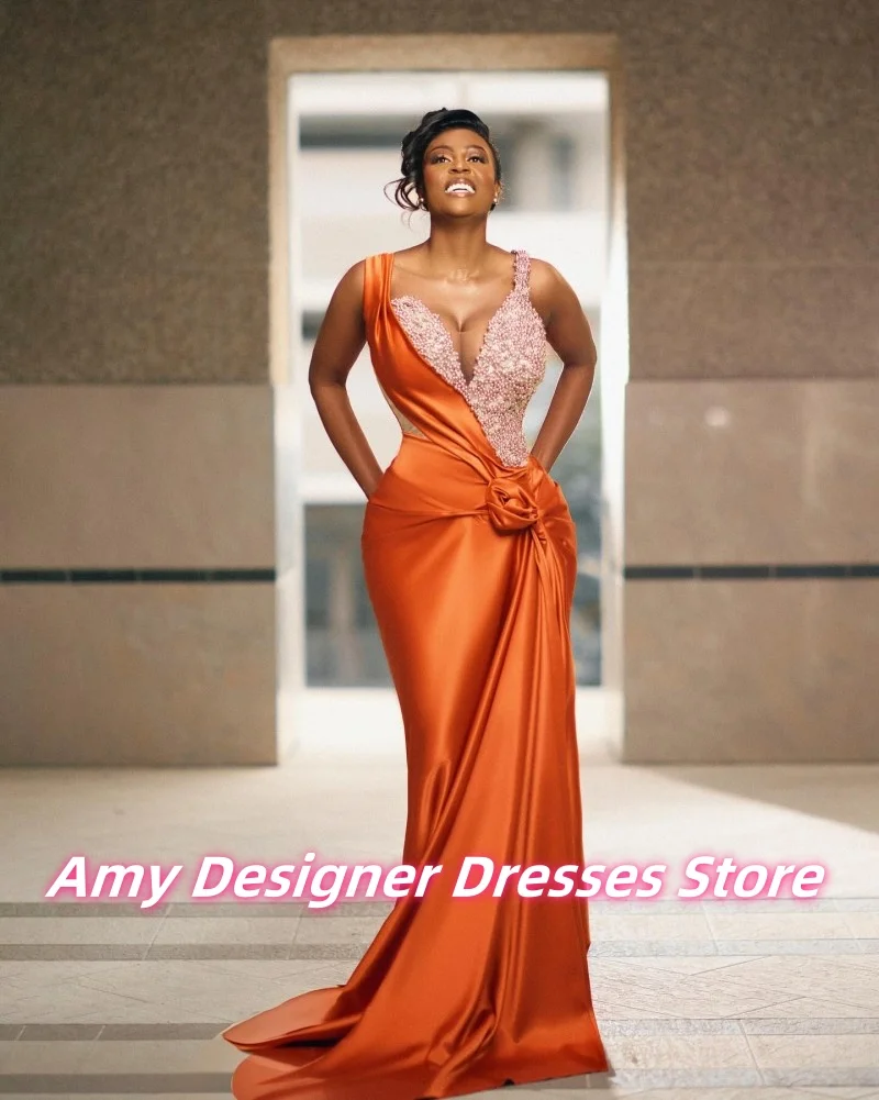 Robes de soirée en Satin Orange pour occasions formelles, robe de soirée de mariage sirène à bretelles, robe de soirée de luxe pour femmes africaines personnalisées