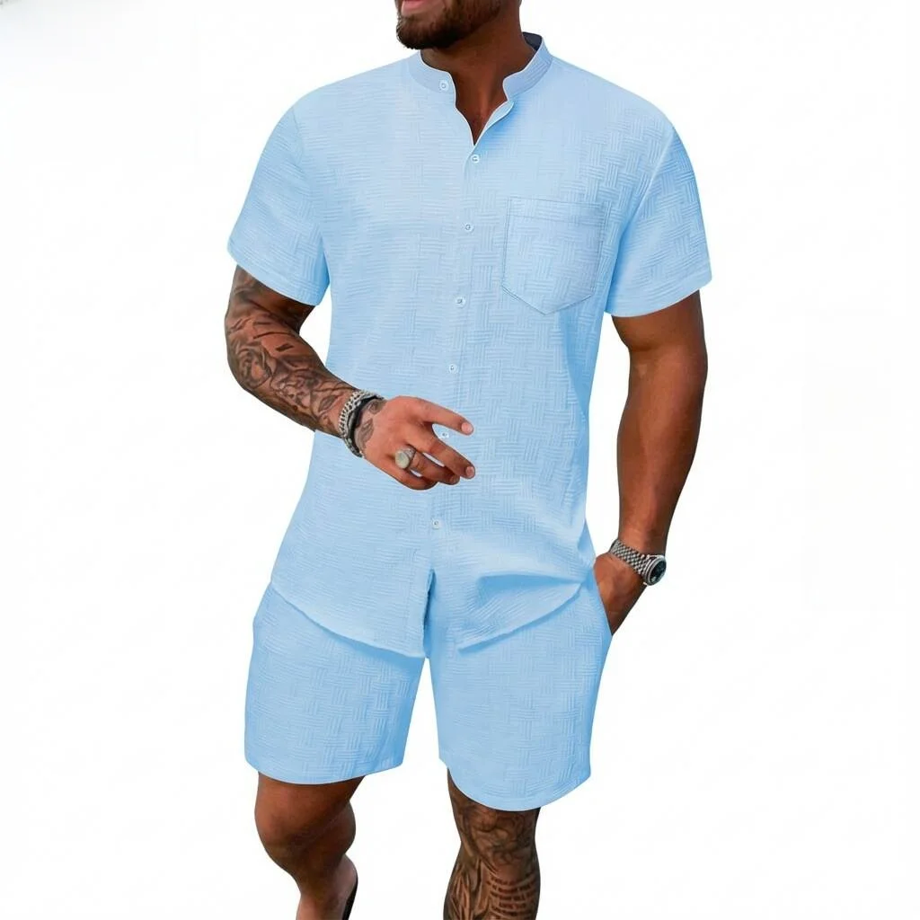 

Summer Men's Casual Shirt Stand Collar Short Sleeve Beachwear Set Comfortable Lightweight Cotton Pants Short Length