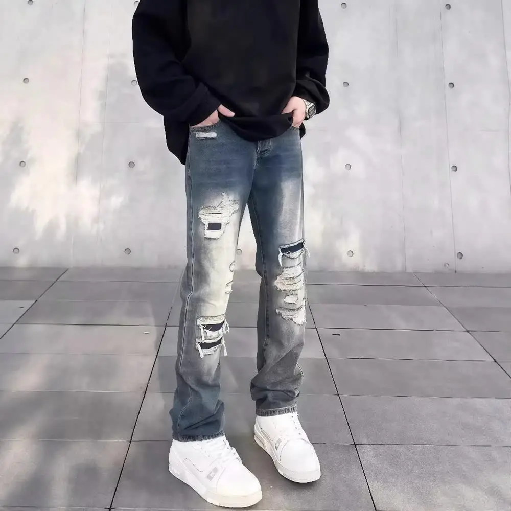 

Retro American Denim Jeans Men's Spring Autumn New Loose Straight Casual Waed Jeans Polyester Fiber mid Waist Zipper