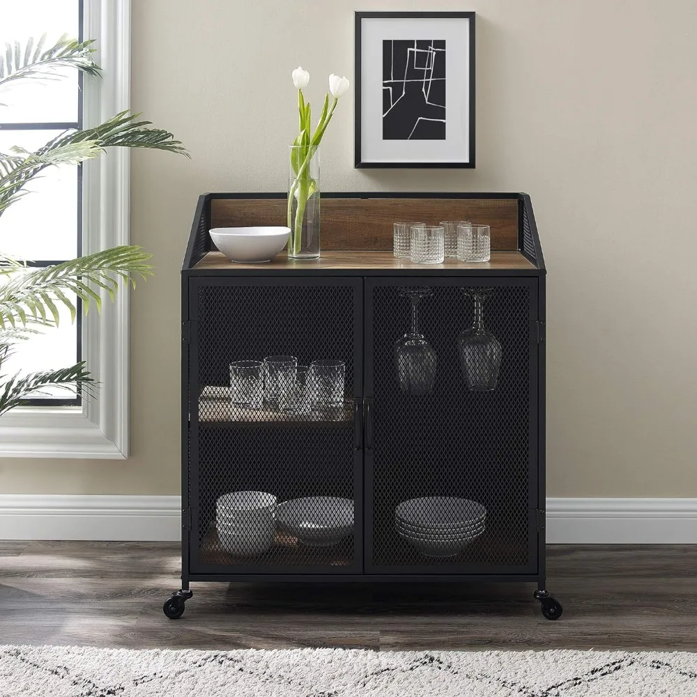 33 Inch Wine Refrigerator Urban Industrial Metal Mesh Double Door Rolling Bar Cabinet Rustic Oak Rack Racks Home Furniture