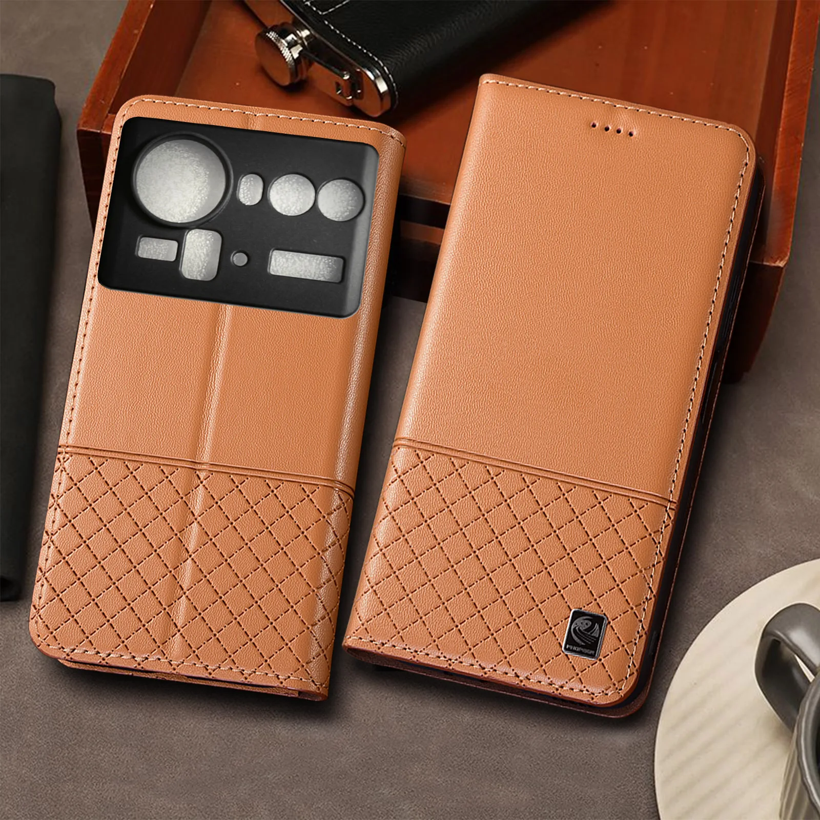 

Genuine Leather Phone Case For ZTE Nubia Z60 Z60S Z70 Z70S Z80 Pro Ultra Nappa Below Grid Pattern Of Flip Cover Case Cowhide