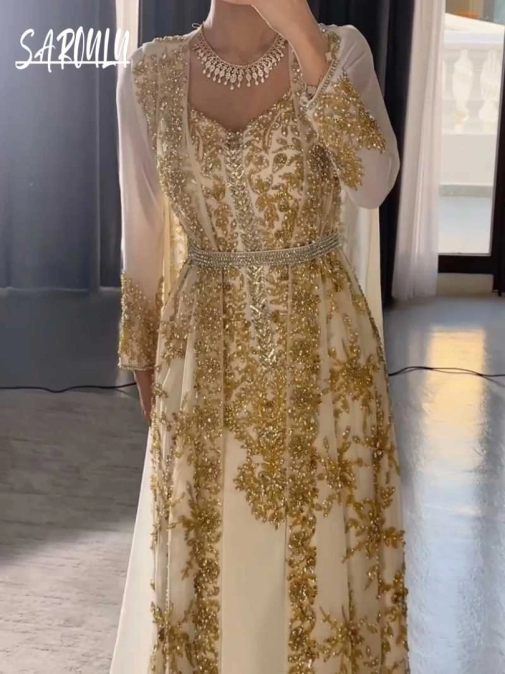 

Shiny A Line Maxi Evening Dress Elegant Sequined Beads Customized Women Muslim Prom Gown Birthday Wedding Party Charming Robe