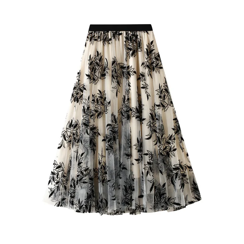 Spring Summer Leaf Embroidery Flower Hollow Skirt Female Korean Vintage Gauze A Line Big Swing Long Maxi Skirt Women Elegant