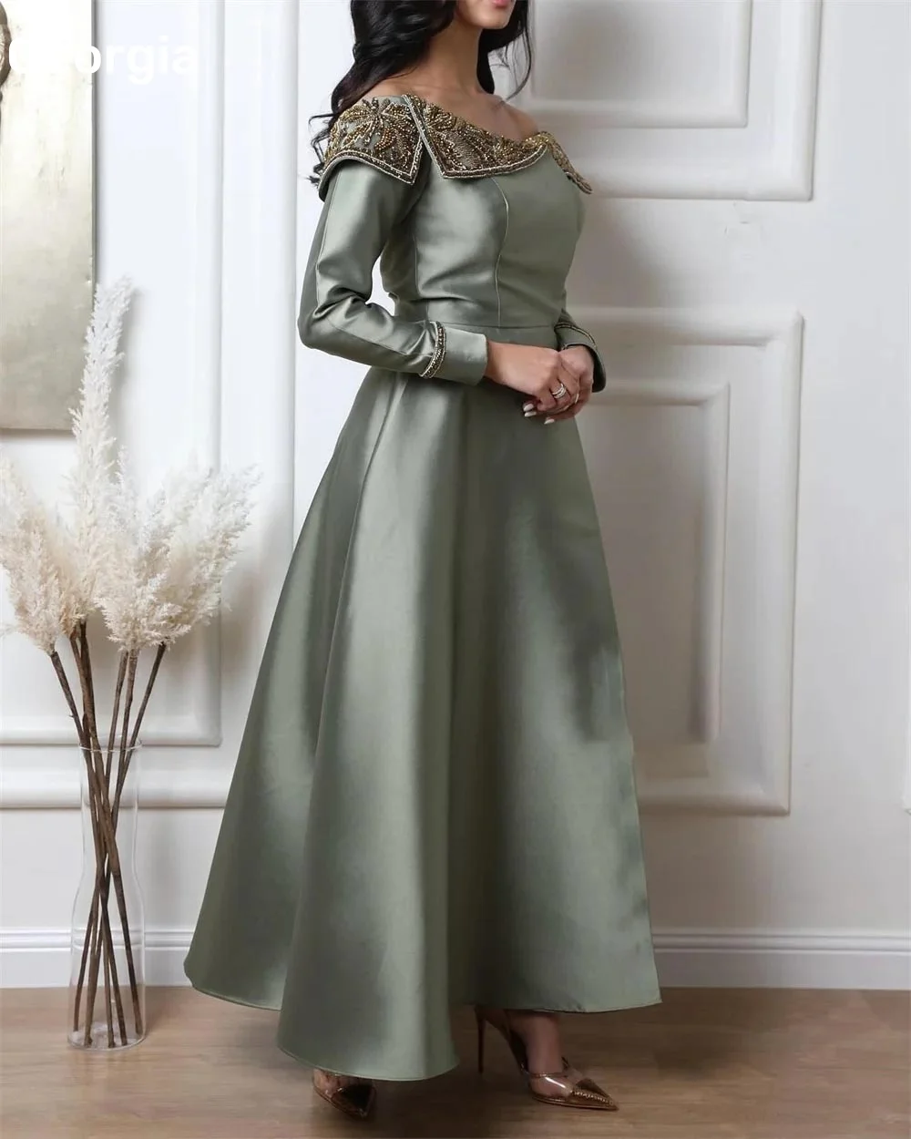 

Выпускные платья по индивидуальному заказу 2025 Трапеция с овальным вырезом длиной до пола и бисером на молнии Роскошные вечерние платья с длинными рукавами Формальные