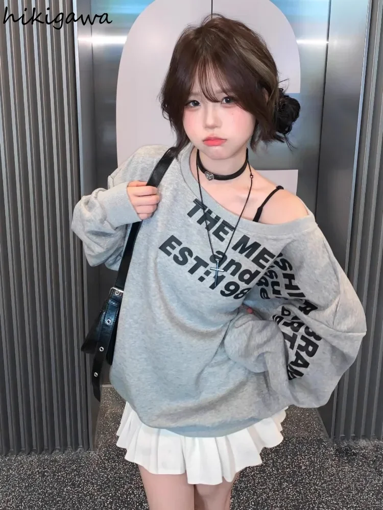 Streetwear Hoodies for Women Oversized Tops 2024 Ropa Mujer Long Sleeve Off Shoulder Sweatshirt Casual Chic Letter Y2k Hoodie