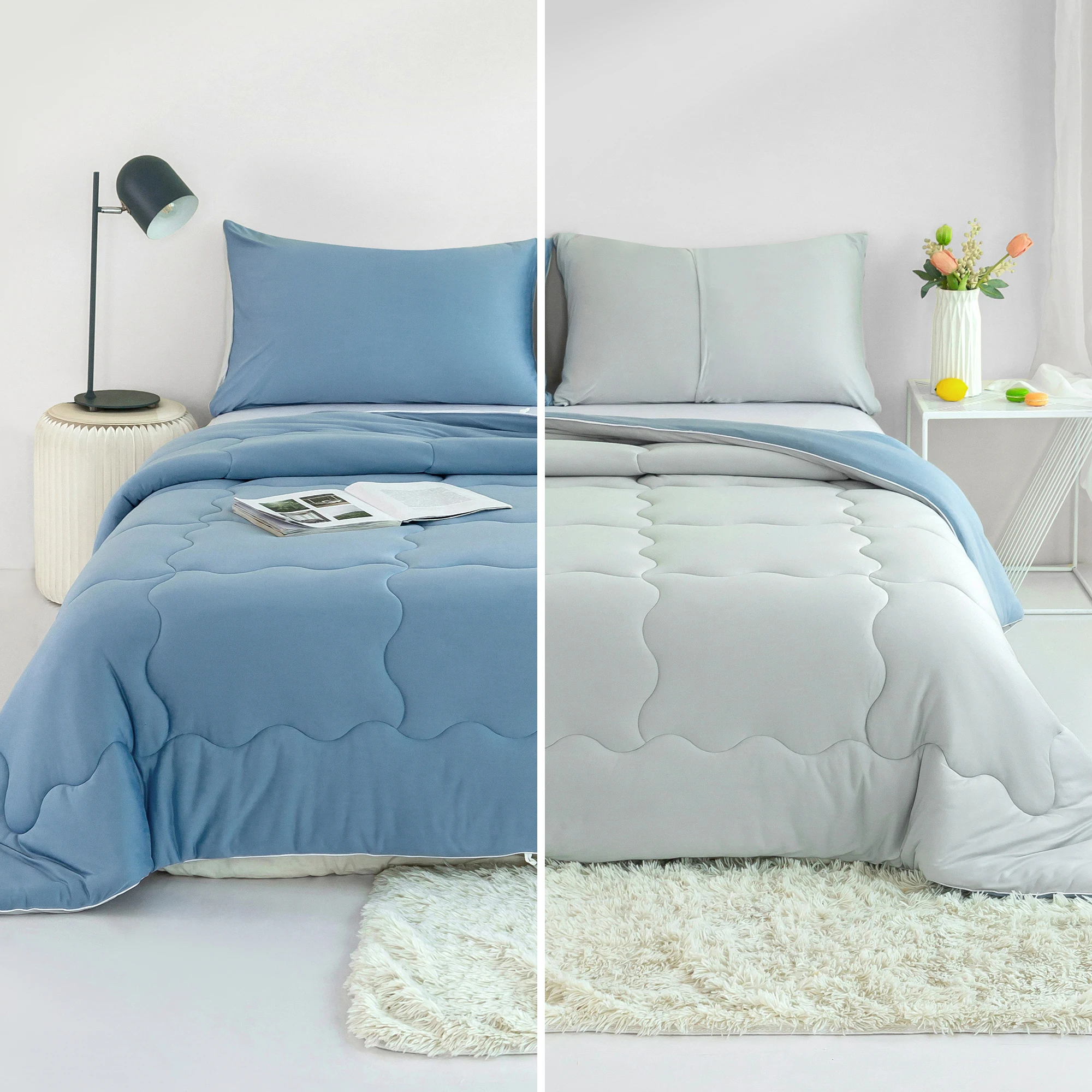 Full Size Comforter Set Reversible 3-Piece Soft Light blue and grey Down Alternative All Season Bedding