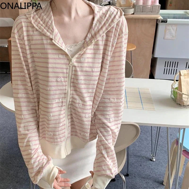 Onalippa Sweet Striped Bows Printing Pink Cardigan Zipper Hooded Oversized Sweatshirt Korean Fashion Kawaii Hoodies Women