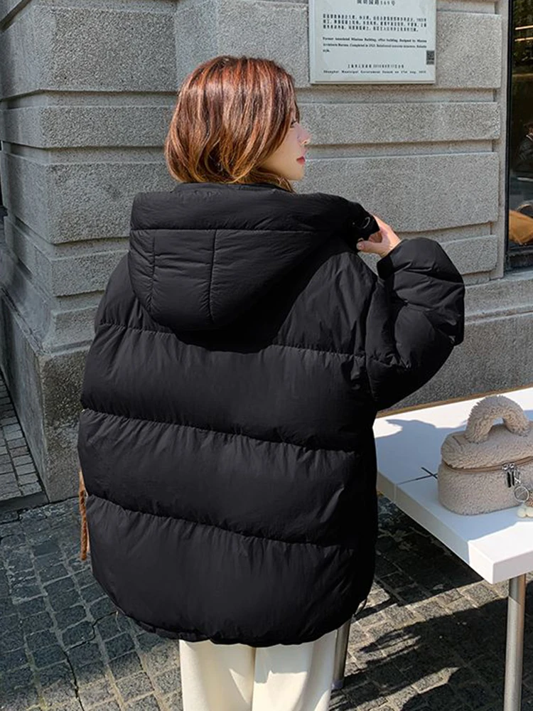 Jmprs الشتاء الحلو الكورية سترات المرأة فضفاضة موضة نمط Preppy الدافئة سميكة القطن معطف عادية كم طويل مقنع سترة جديدة
