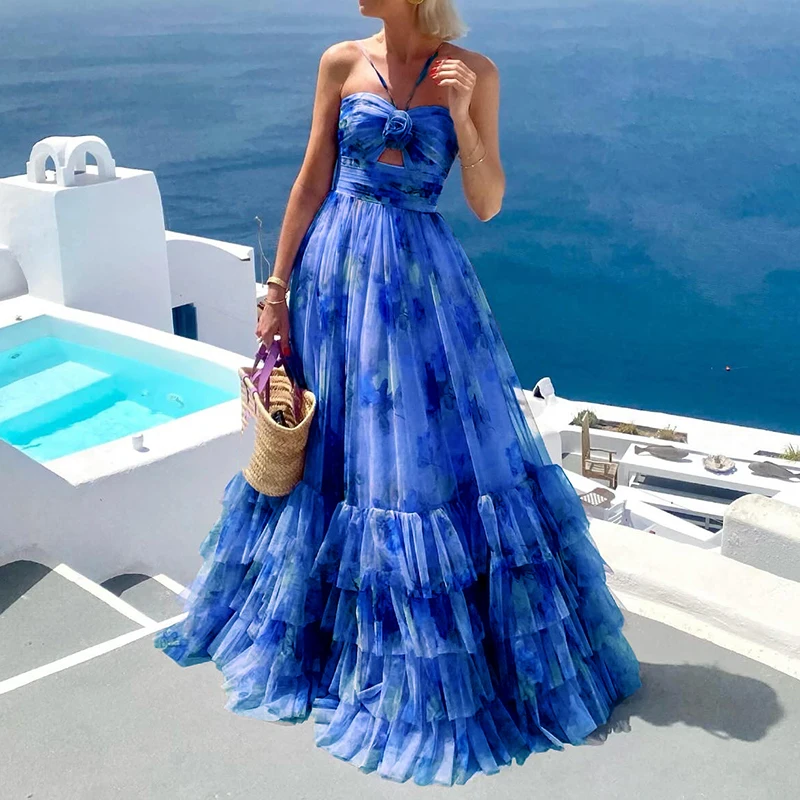 

French Style Halter Mesh Pleated Print Evening Dress Sexy Off Shoulder Sleeveless Party Dress Fashion Hollow Banquet Long Dress