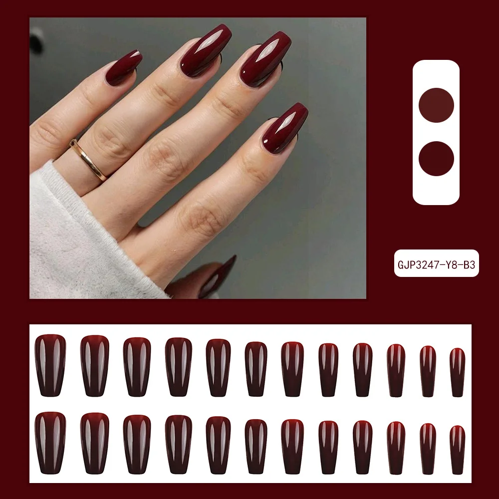 Cherry Red Long Staircase European Style Solid Color Nail Art False Nails 24pcs Wearable False Nails Pure Color Nail Tips