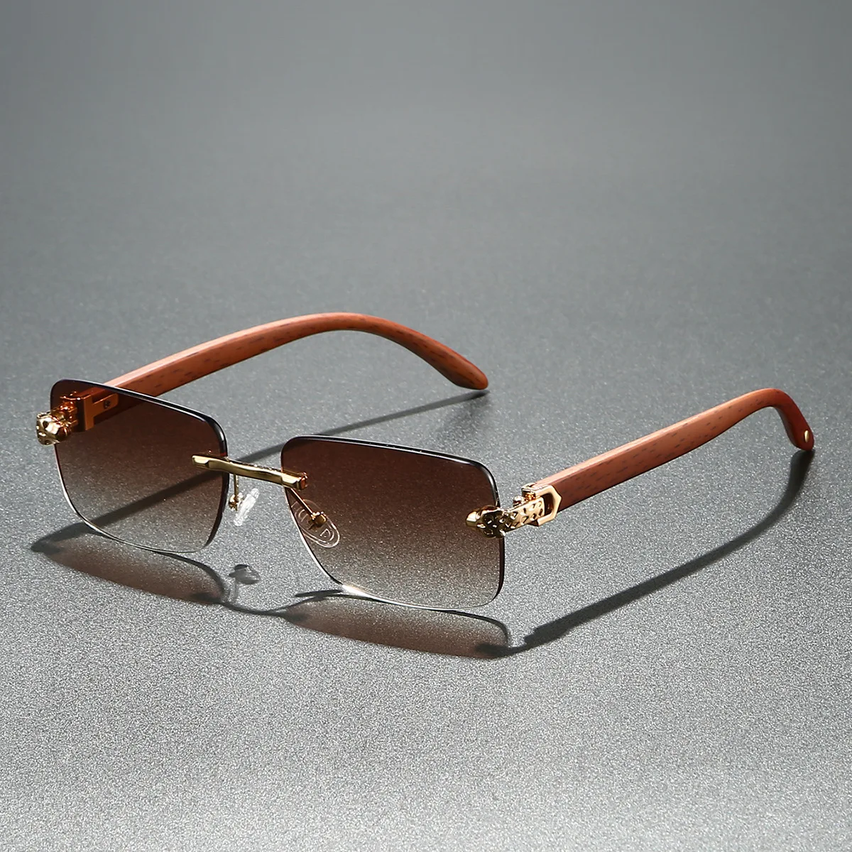 Rimless Square Sunglasses Women For Men Vintage Sun Glasses Punk Leopard Head Luxury Brand Designer Wooden Grain Shades UV400