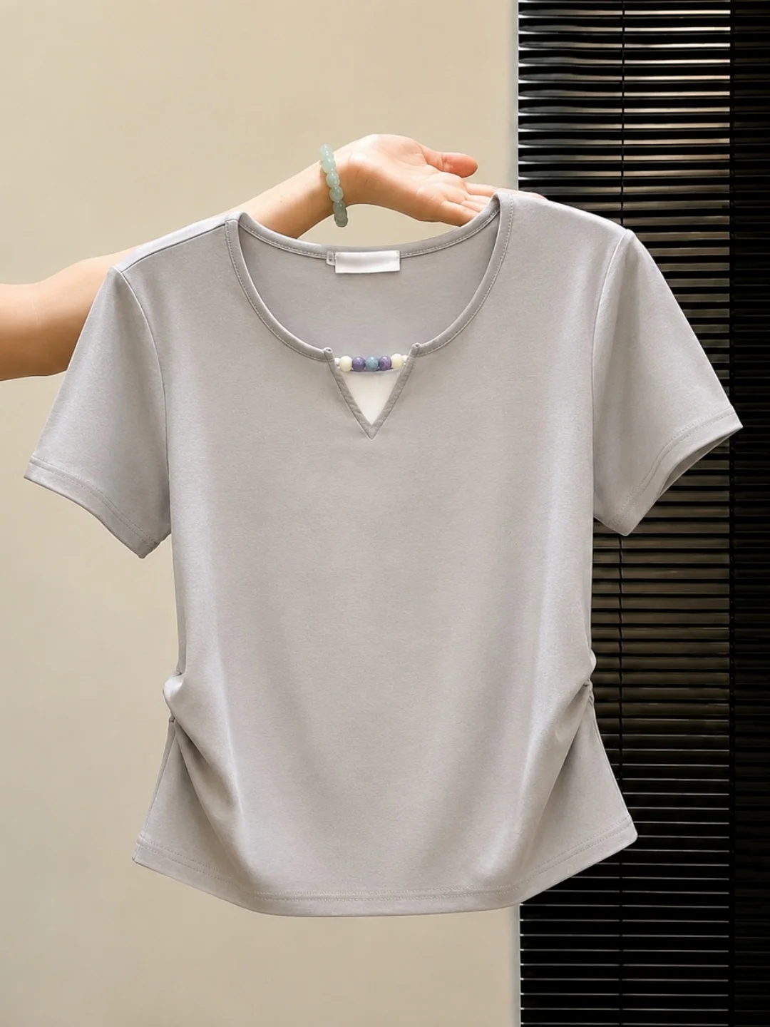 

Fashionable Pleated Slim Fit Color Short Sleeve T Shirt Soft Beautiful Summer Top Korean Style Commute Straight Cut